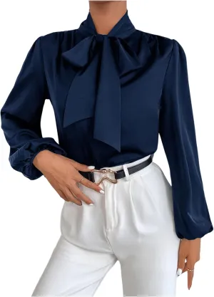 WDIRARA Women's Bow Tie Neck Satin Blouse Bishop Long Sleeve Tops Work Office Shirt