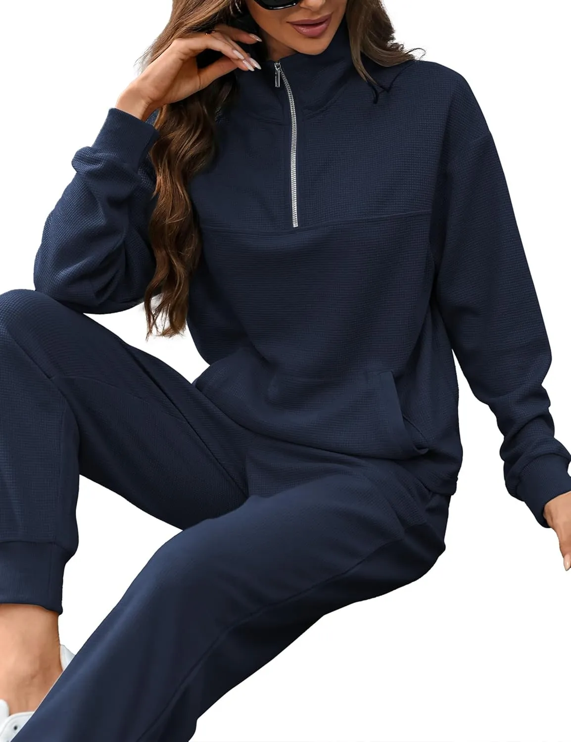 Women's Waffle Knit 2 Piece Outfits Lounge Sets 1/4 Zip Up Pullover Long Sleeve Top Jogger Sweats Track Suits Set