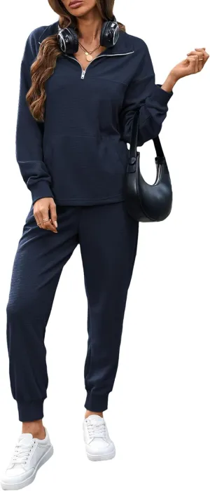 Women's Waffle Knit 2 Piece Outfits Lounge Sets 1/4 Zip Up Pullover Long Sleeve Top Jogger Sweats Track Suits Set