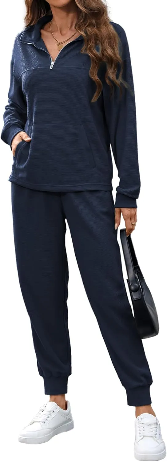 Women's Waffle Knit 2 Piece Outfits Lounge Sets 1/4 Zip Up Pullover Long Sleeve Top Jogger Sweats Track Suits Set