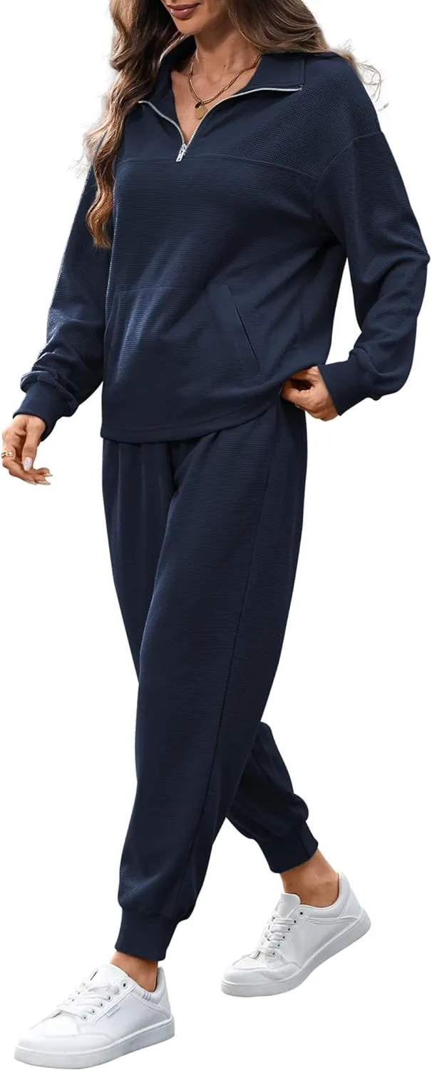 Women's Waffle Knit 2 Piece Outfits Lounge Sets 1/4 Zip Up Pullover Long Sleeve Top Jogger Sweats Track Suits Set