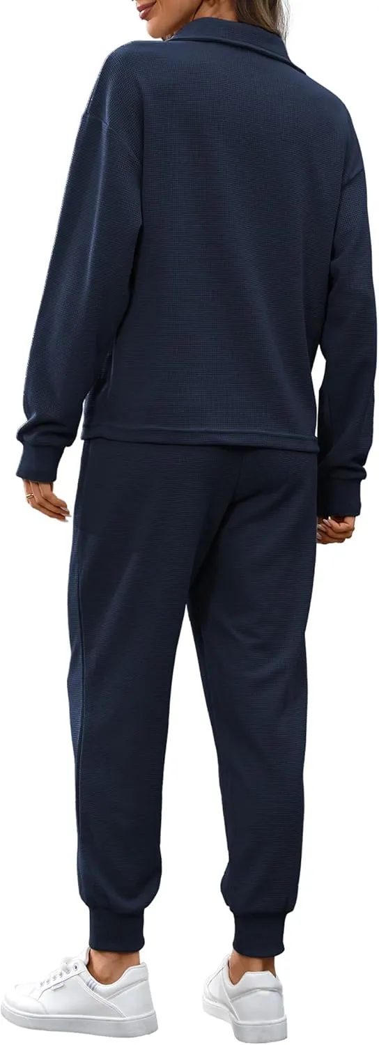 Women's Waffle Knit 2 Piece Outfits Lounge Sets 1/4 Zip Up Pullover Long Sleeve Top Jogger Sweats Track Suits Set