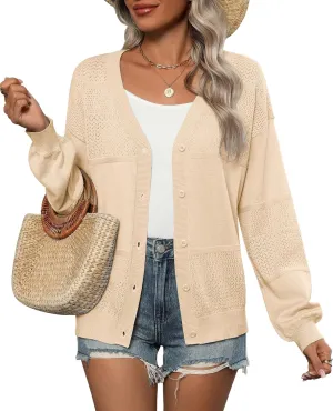 Zeagoo 2025 Womens Cardigan Casual Long Sleeve Lightweight Crochet Shrug V Neck Tops Button Down Soft Knit Sweater